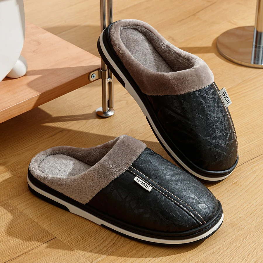 Pantoufles d'hiver en cuir PU pour hommes, chaussures d'intérieur imperméables, grande taille, doublées de fourrure chaude, pantoufles de chambre