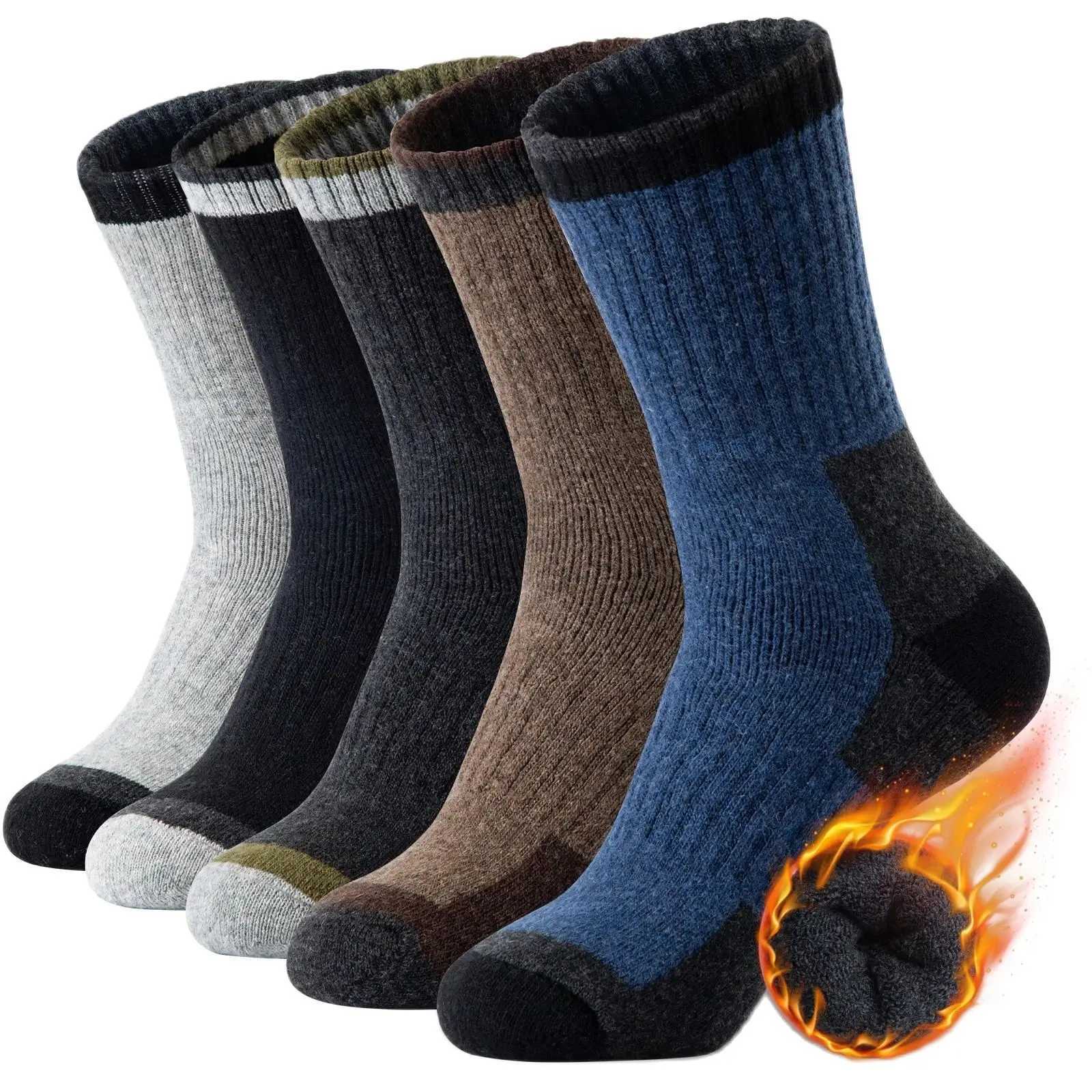 5 Pairs Merino Wool Socks Mens Wool Hiking Socks Soft Warm Winter Casual Crew Moisture-Wicking Socks for Indoors OutdoorsT251206