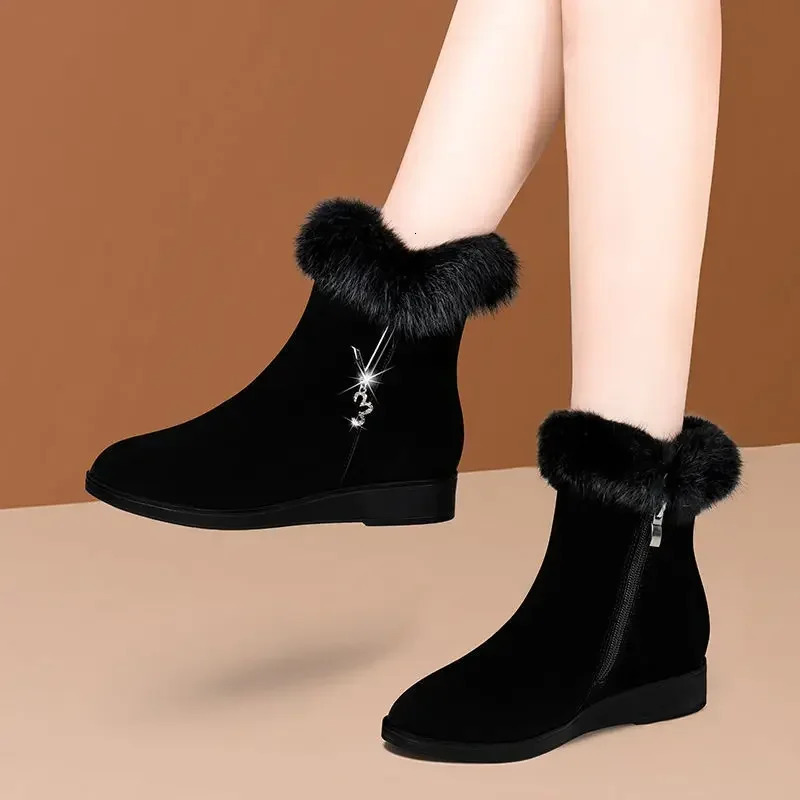 Bottes en peluche pour femmes, chaussures confortables en fourrure à semelles Hick, chaussures de mode pour dames, fermeture éclair, chaussures v