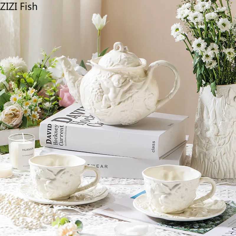 Emboss Ceramic Teapot Black Tea Cup Saucers Set Retro Afternoon Tea Coffee Cup Saucer Couple Cup Set Home Creative Drinkware Mug M251206-image-1087462665