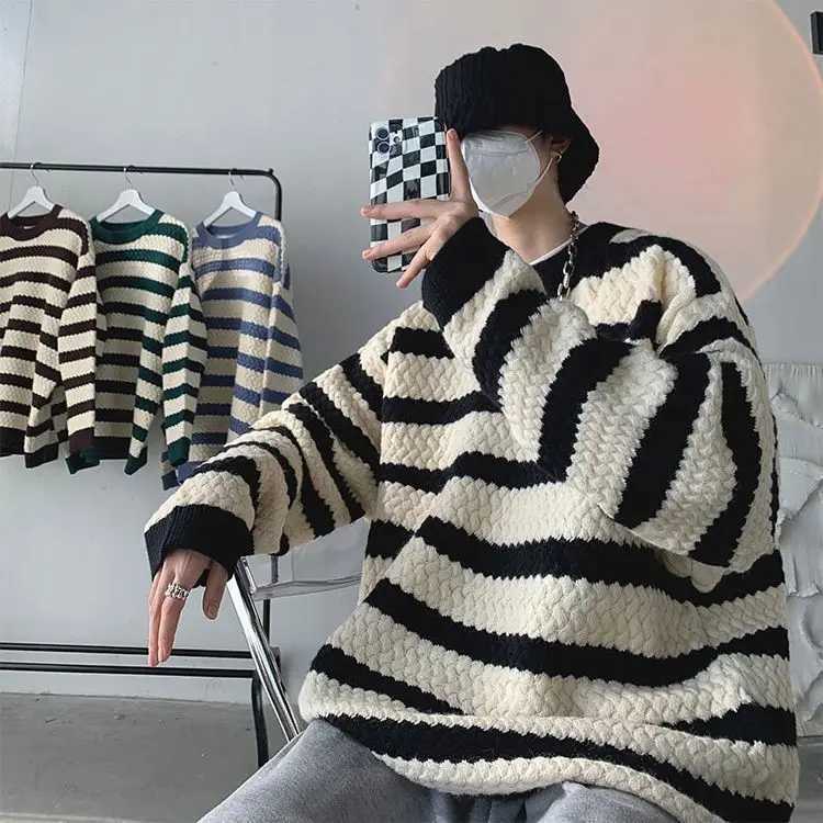 Korean style autumn and winter men and women trendy striped round neck knitted sweater for couples loose retro casual top y2k M251206
