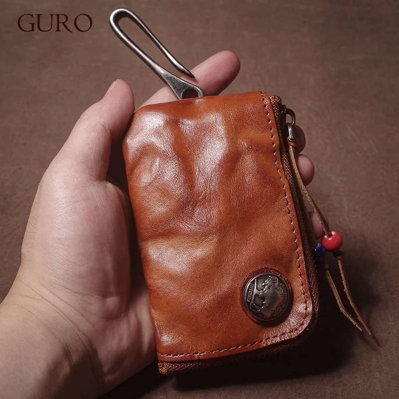 GURO haute qualité en cuir véritable maison voiture clé sac rétro hommes haut fait main en peau de vache porte-monnaie femmes fermeture éclair Mi