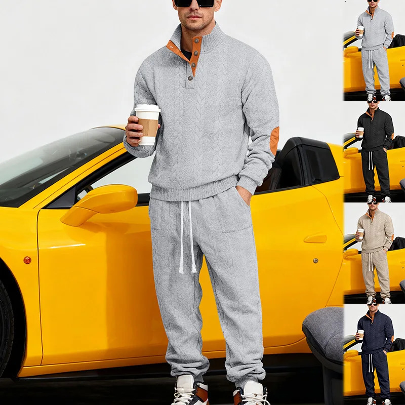 Autumn and winter mens loose and heavy jacquard stand-up collar Henry sweater casual trousers set S-3XL 251204