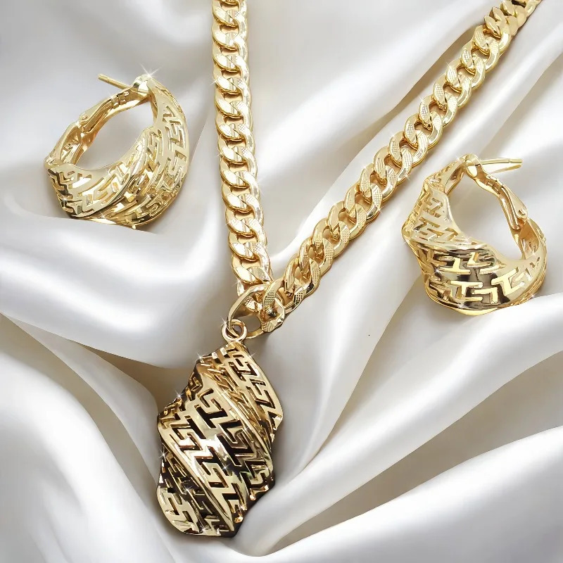 Ensemble de bijoux collier doré pour femmes, pendentif creux spécial, boucles d'oreilles, cadeaux d'anniversaire de mariage, accessoires de bijou