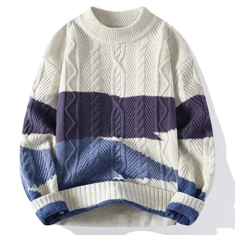New Japanese and Korean Style Mens Round Neck Twisted Pattern Fashionable and Versatile Color-blocked Winter Knitted Sweater M251206
