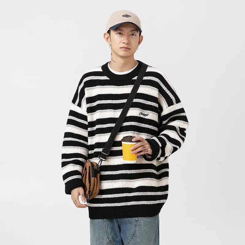 Pull à aiguilles grossières rayé pour hommes 2025 automne et hiver nouveau couple couleur contrastée col rond pull tricoté veste UN4K M251206