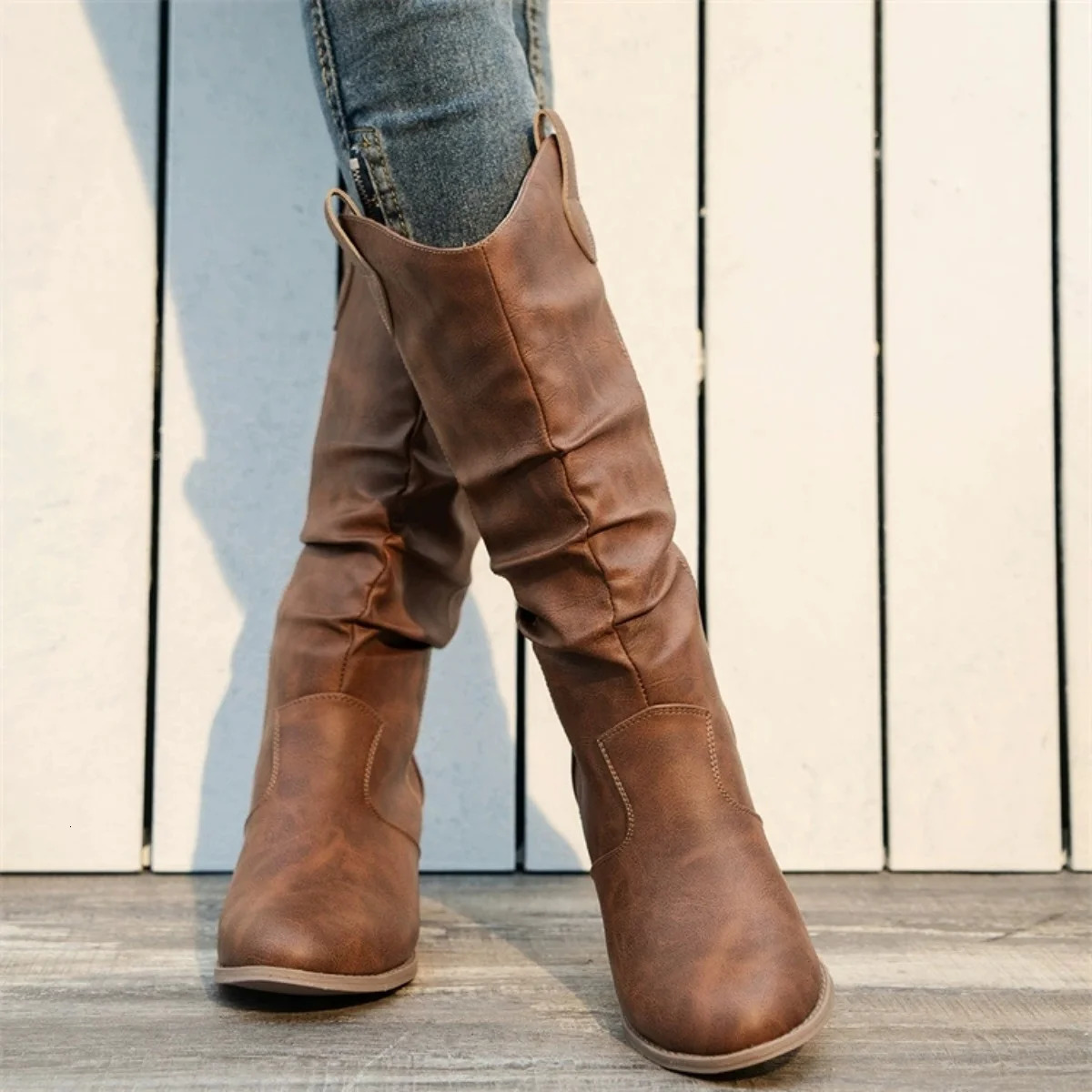 Bottes occidentales en cuir à manches hautes plissées et épaisses avec tête ronde pour femmes, Europe et amérique 251204