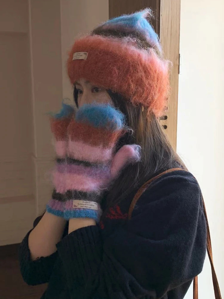 Bonnets arc-en-ciel rayés, gants de chapeau, ensemble de deux pièces pour femmes et hommes, chapeaux chauds d'hiver Skullis, unisexe, gants anti-