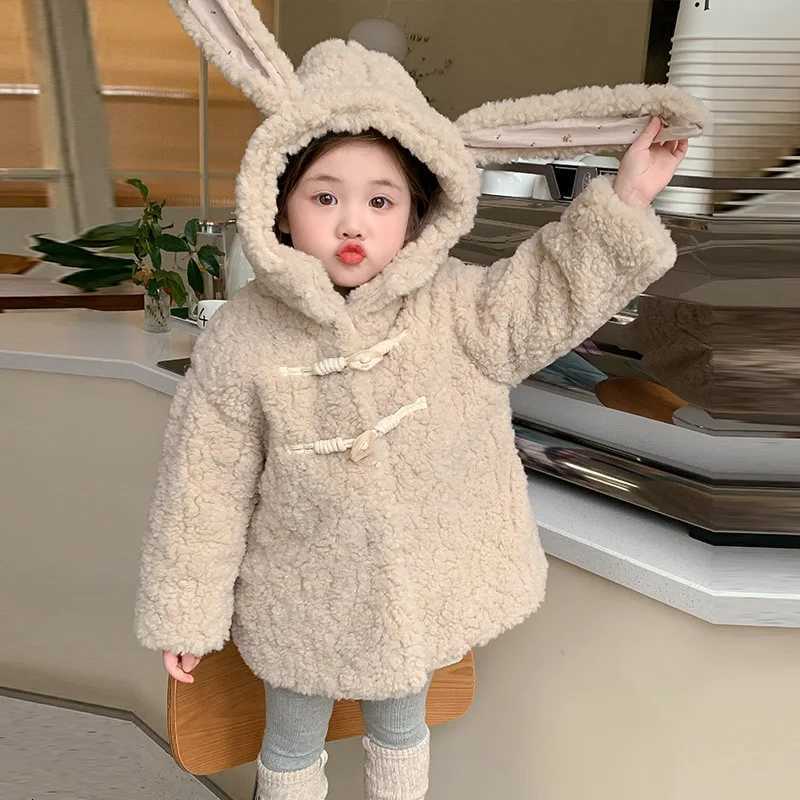 Bébés filles manteaux polaire épaissir laine d'agneau à capuche oreilles de lapin manteaux 2024 hiver nouveau style veste rembourrée en laine pou