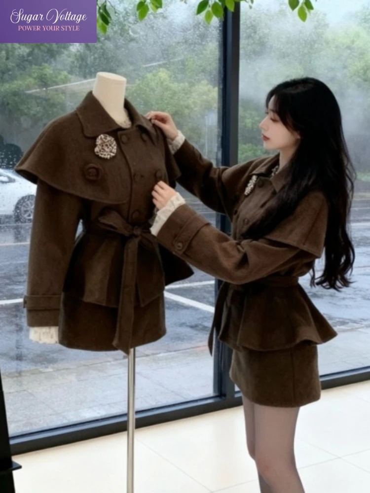 French Casual Retro Tweed Two Piece Set Women Autumn Winter Slim Double Breasted Cape Coat Belted Skirt Elegant Vintage Outfit 251203