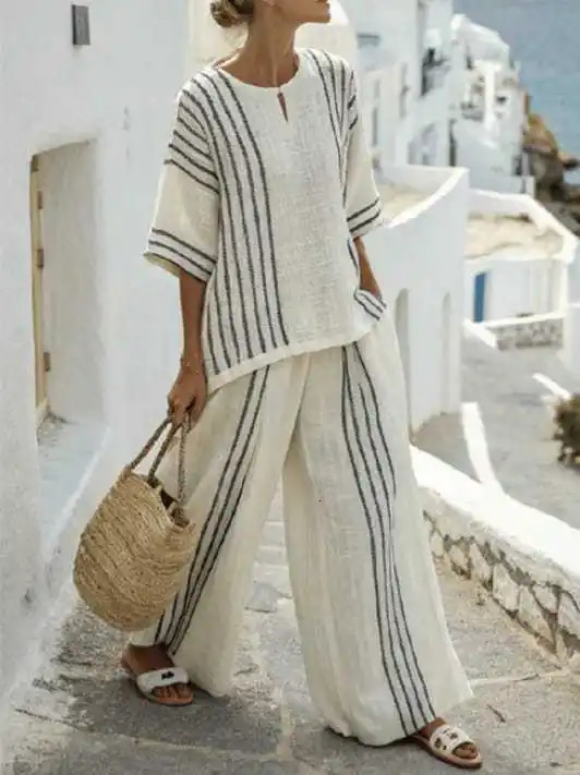 Fashion Cotton Linen Stripe Outfit Spring Women Short Sleeved Pullover TopHigh Waist Loose Wide Leg Pants Summer Two Piece Set 251204