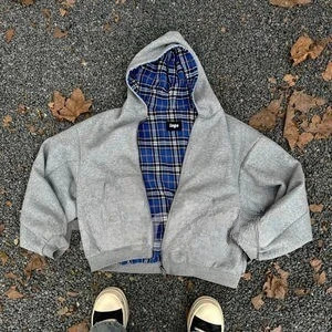 Sweat-shirt gris Double face bleu, Style Simple, portable, veste gothique à carreaux à l'intérieur, pour hommes et femmes, Streetwear 251204
