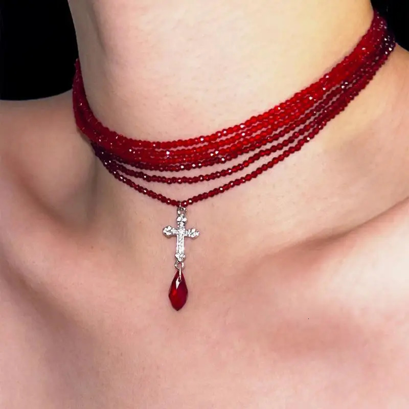 Punk gothique croix rouge strass pendentif colliers pour femmes hiphop rouge perlé multi couche ras du cou colliers fête bijoux cadeaux 251204