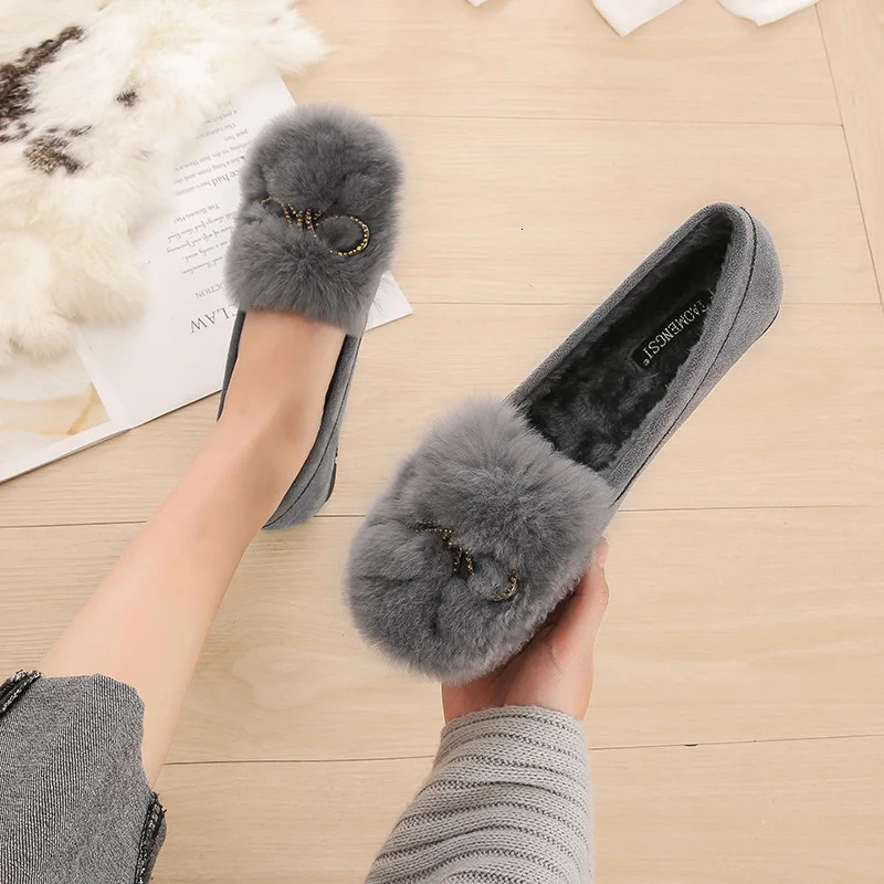 crystal bowtie fur flats women thick bottom warm plush winter shoes slip on loafers woman bowknot furry mocasines big size 43 251204