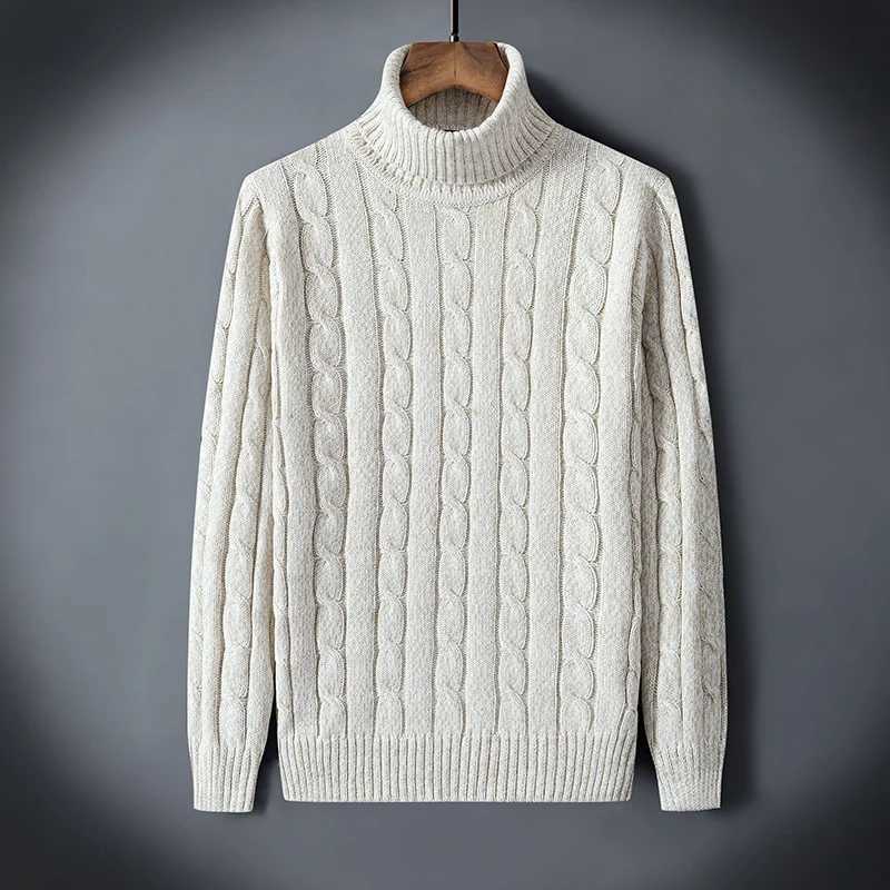 Pull torsadé hommes col roulé pulls col haut en vrac hiver mode coréenne à la mode épais chaud blanc pull tricoté M251206