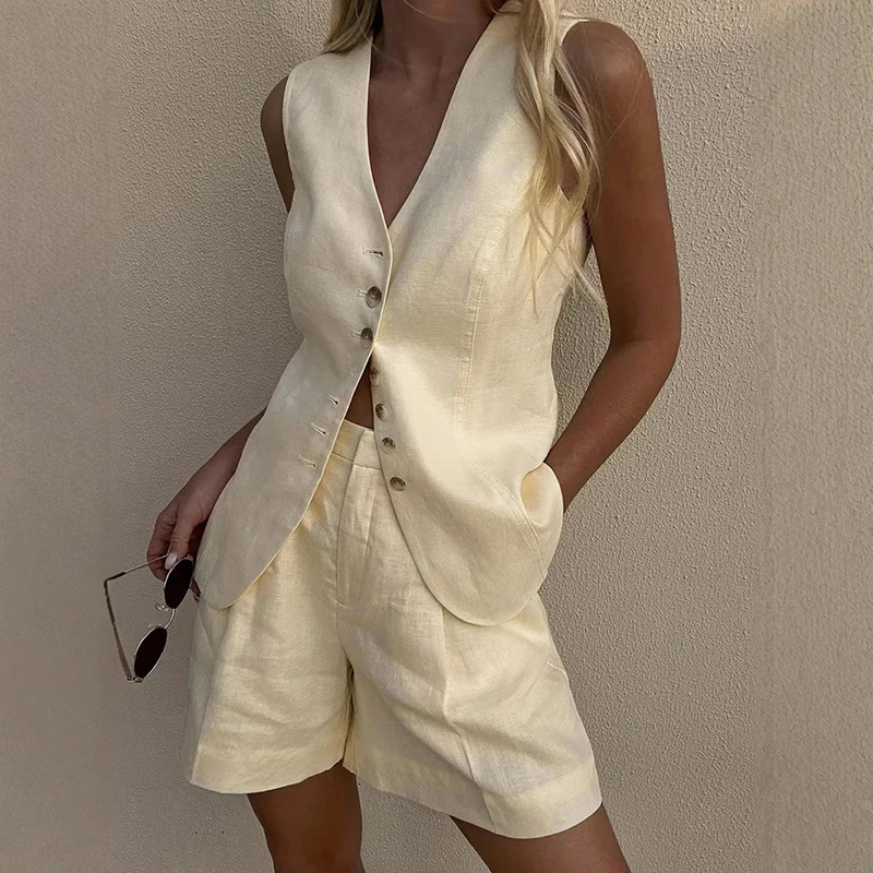Tornova Cotton Linen Vest Shorts Suit Summer Commuting Sleeveless Vest Loose Shorts Suit Solid Casual Suit For Women 251204