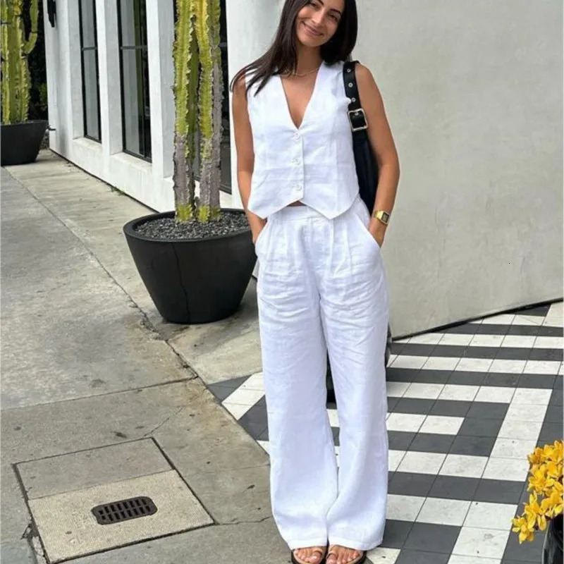 Ensemble de deux pièces en lin blanc d'été pour femmes débardeur sans manches en correspondant taille haute pantalon large ensemble bureau dames