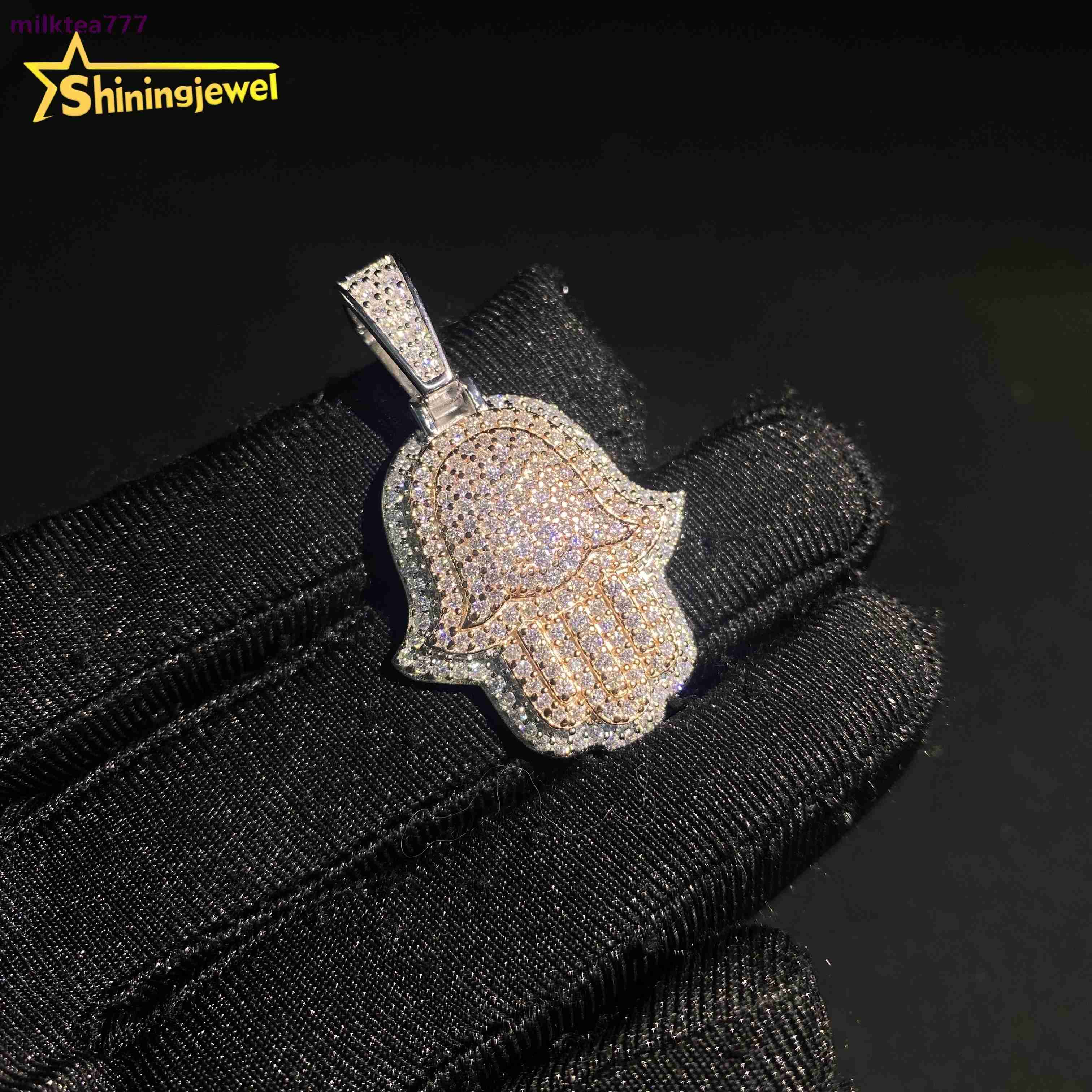 Iced Out Hip Hop Rapper Jewelry Pendant Custom Diamond Two Tone White Rose Gold 925 Silver VVS Moissanite Hamsa Pendant Charm