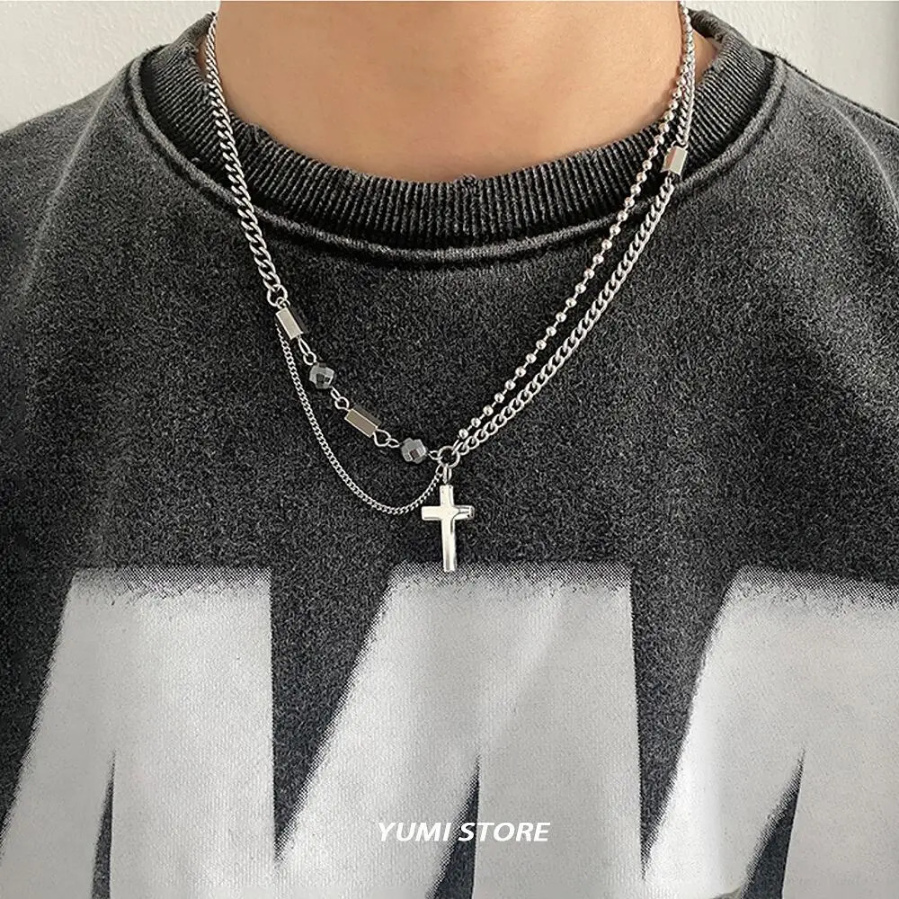 Collier croisé en acier à double couche pour hommes et femmes, tendance Hip Hop, pendentif à breloque, chaîne de pull, bijoux masculins à la mode