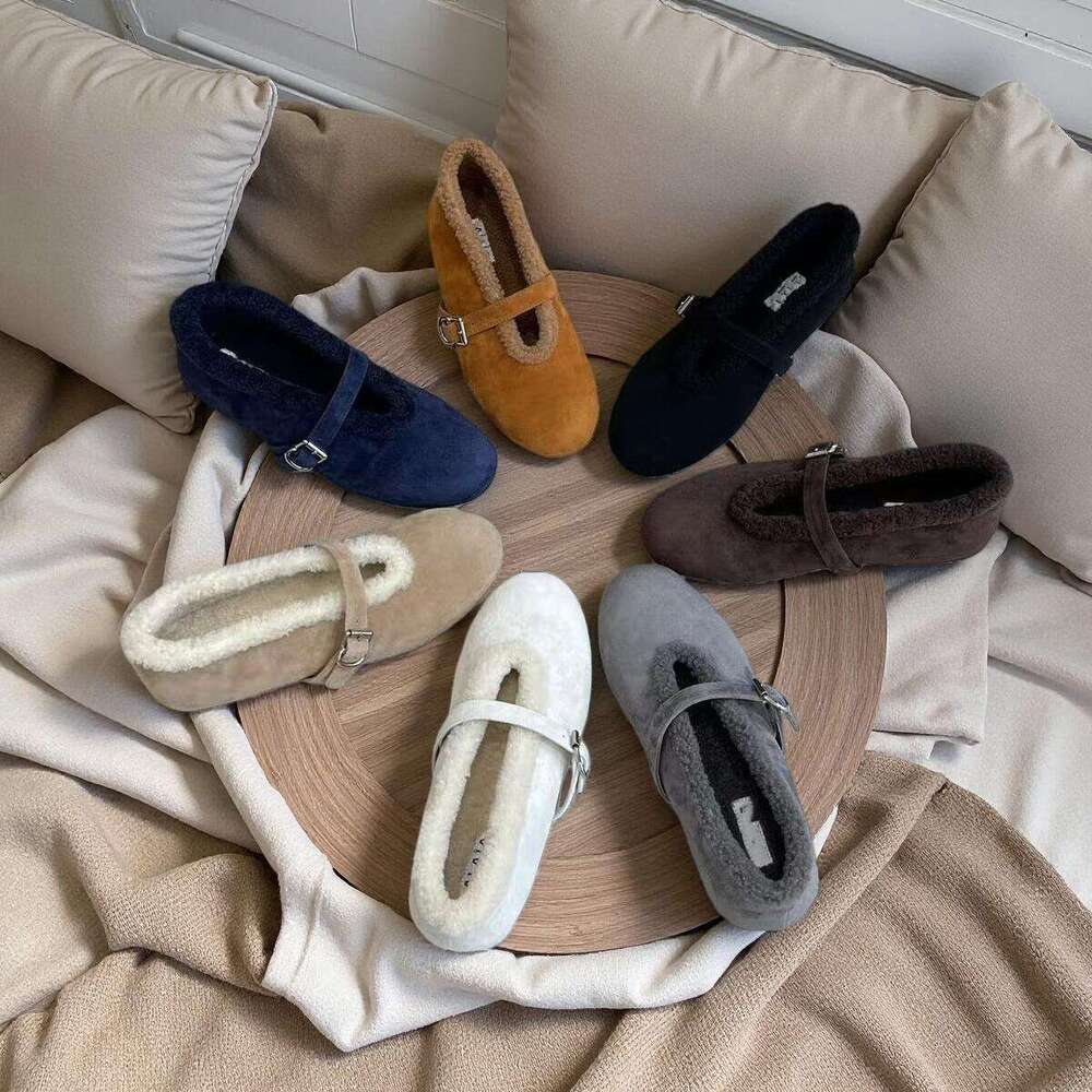 Shearling Ballerines De Luxe Mary Jane Designer Chaussure Femme Boucle Sangle En Daim Bout Rond En Cuir Plat Nouveau Chaud Fourrure Mode Dames Ro