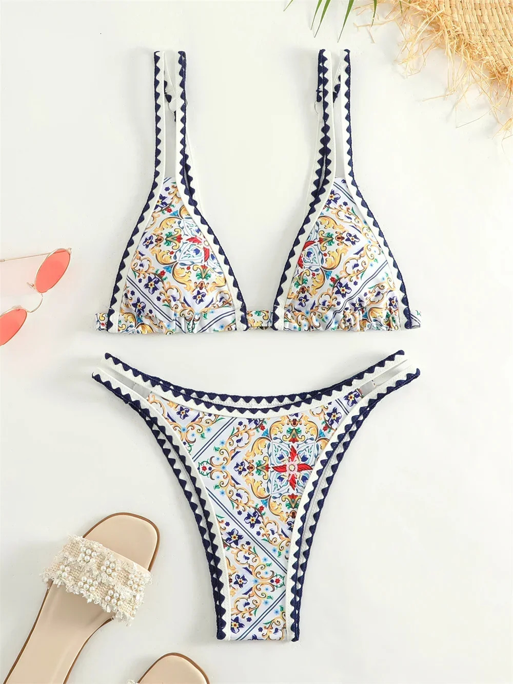 Trend Print Bikini Bordered Straps Swimsuit Thong Push Up Y2K Boho Swimwear Kawaii Women Two Piece Brazil BeachWear Bathing Suit 251205