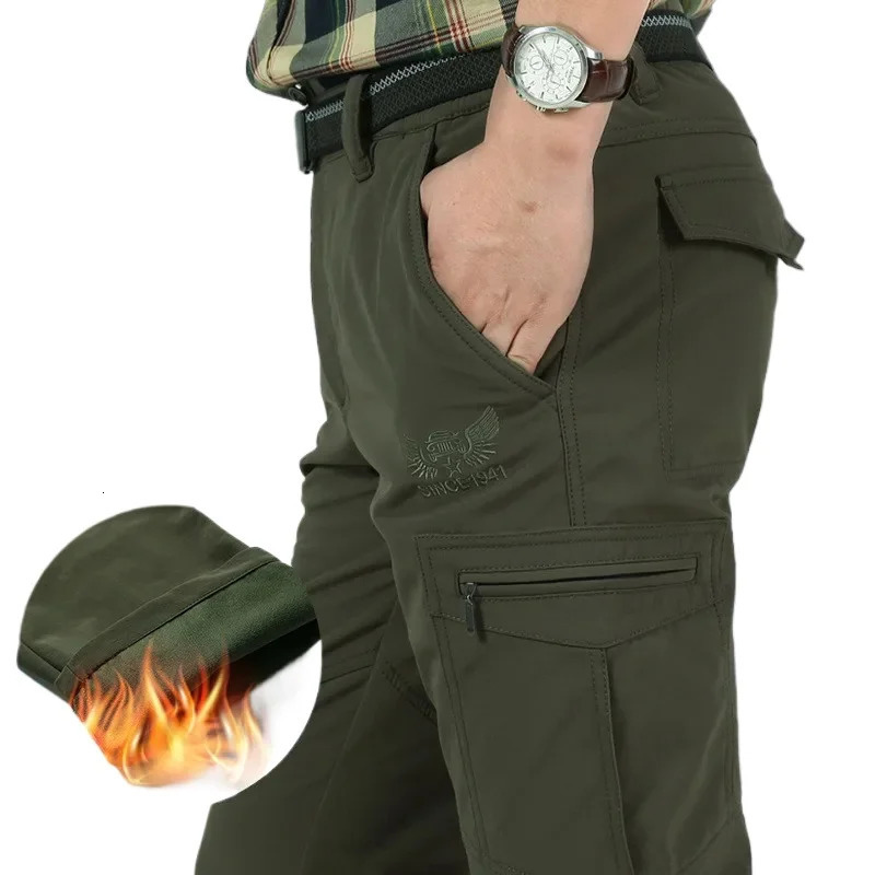 Mens Winter Fleece Tactical Pants Warm Cargo Pant Hunting SoftShell Work Trousers Shark Skin Thick Warm Waterproof Pants M-4XL 251203