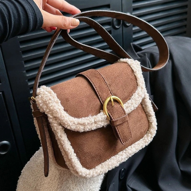Autumn Winter Plush Bag Womens Korean Retro Small Square Handbags Suede Lamb Wool Patchwork Shoulder Crossbody Bags 251202
