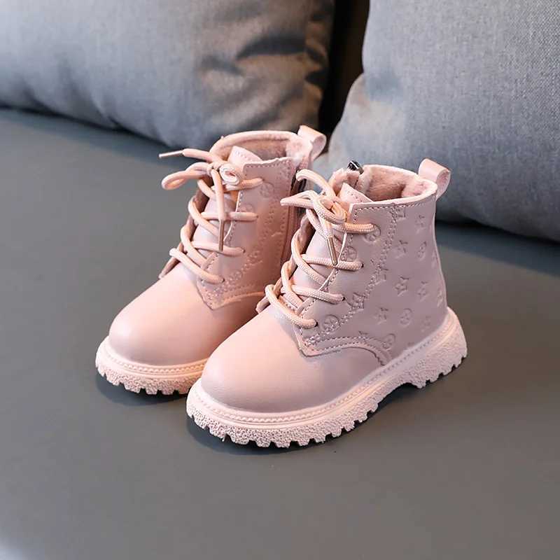 Enfants hiver bottes chaudes montantes garçons polaire bottes en cuir chaud filles couleur unie simple étoile en relief avant à lacets BootiesT25