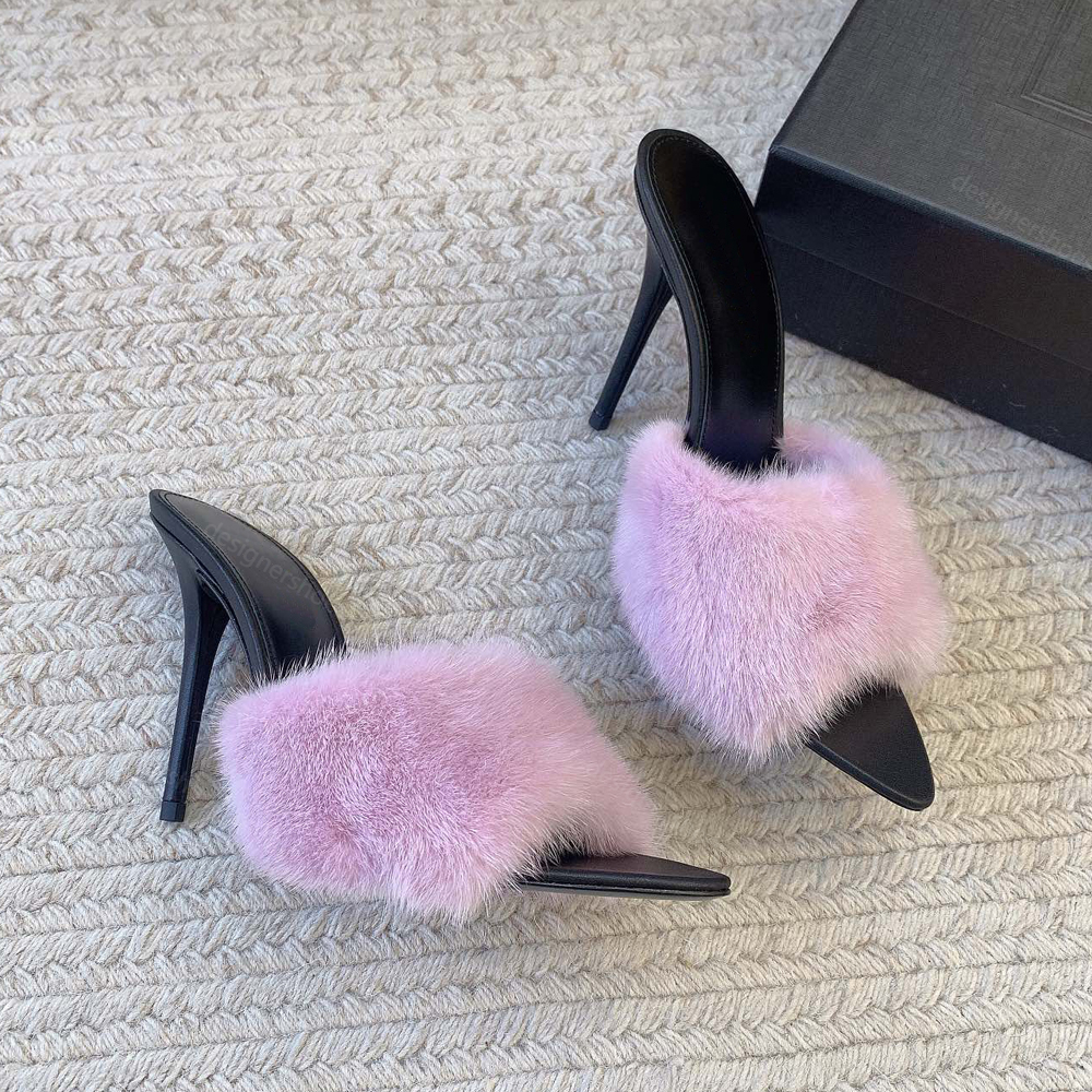 Top quality luxury fur embellished stiletto sandals Mule slippers Ankle Strap Bridal Wedding Dress Shoes women's Fashion high heeled Evening Pa