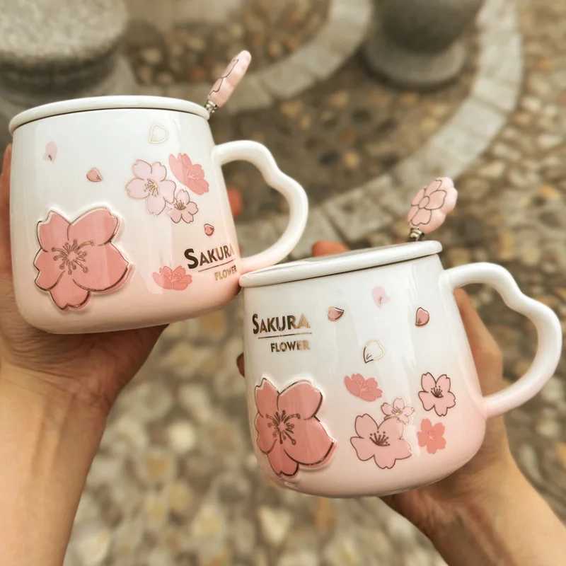Japanese Pink Cherry Blossom Ceramic Mugs Coffee Cups Milk Breakfast Mug with Lid Spoon Water Cup Office Tea Cup M251206-image-1087463113