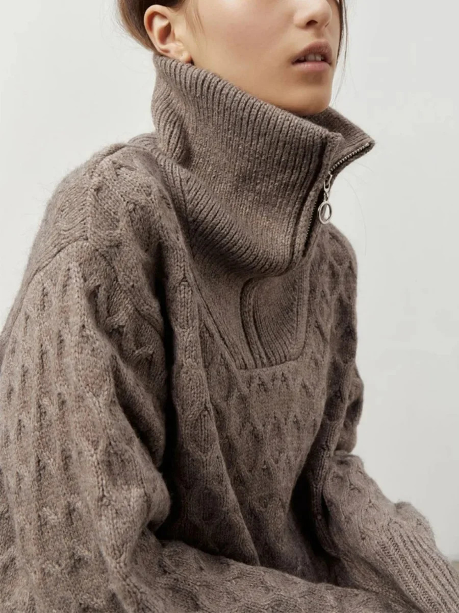 Blubelle Womens Autumn Winter Turtleneck Half Zip Chunky Cable Knit Sweater Long Sleeve Loose Fit Casual Pullovers 251205