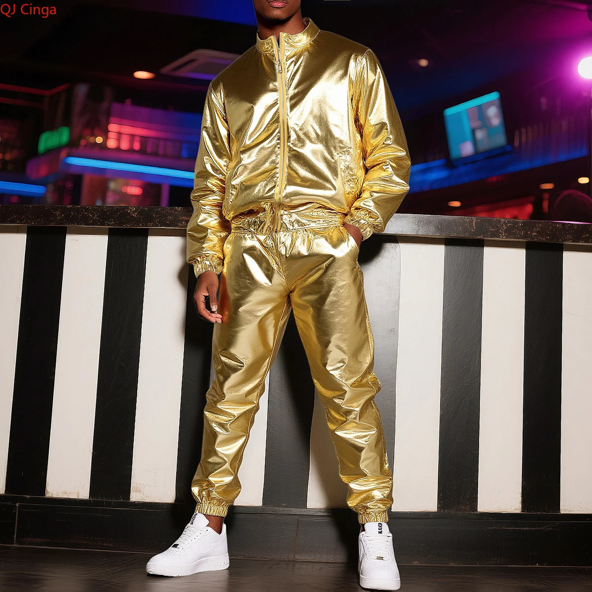 Gold Mens Stand-up Collar Jacket Paired with Elastic Waist Pants Nightclub/stage Performance Two-piece Set RedSilverBlue 251203