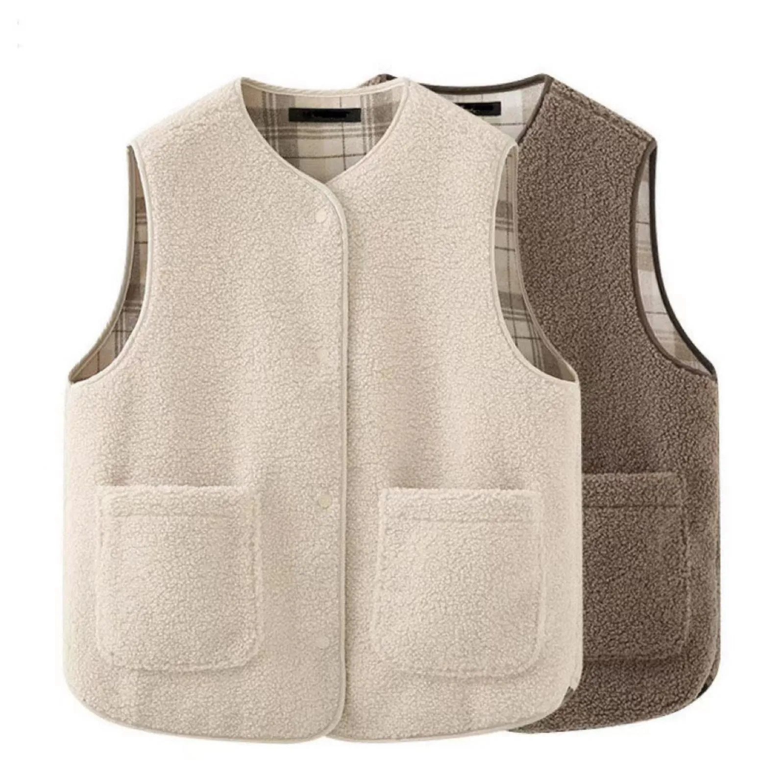 Haute qualité double face laine d'agneau gilet hiver en peluche sans manches gilet chaud veste style coréen manteau pour les femmes Chaleco Lana