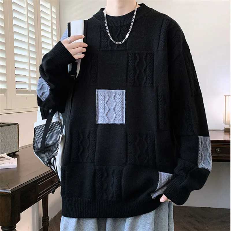 New Autumn Winter Warm Casual Pullovers Men Knitted Sweater Fashion Patchwork Loose Hip Hop Knitting Streetwear Pull On Sweaters M251206