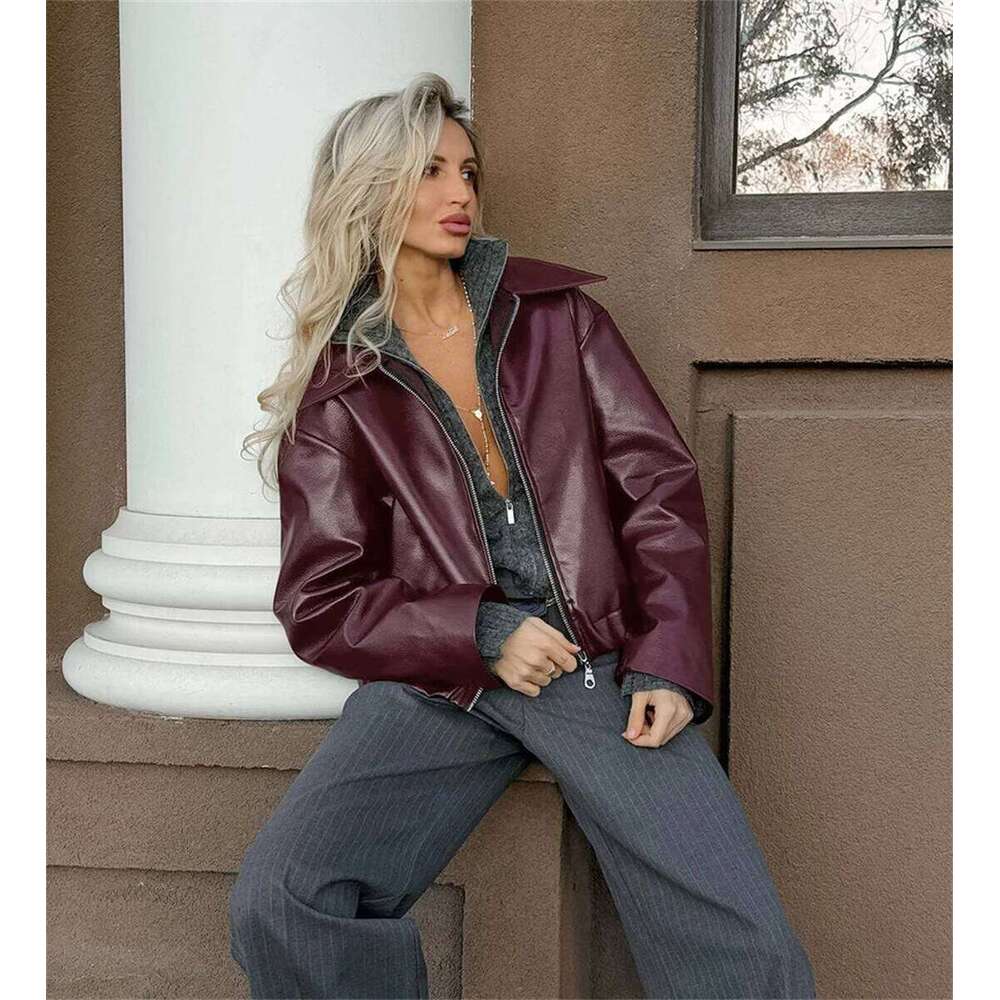 Vêtements de créateurs Femmes Vintage Vin Rouge Faux Cuir Jakcet Mode Survêtement Zipper Revers Pu Manteaux Automne Hiver Streetwear Dames Tops C