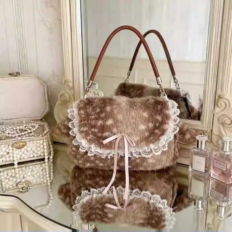 Lolita Plush Handbag Cute Lace Bow Decor Faux Fur Shoulder Bag Vintage Brown Top-handle Bag Spotted Deer Pattern Underarm BagXJ251206