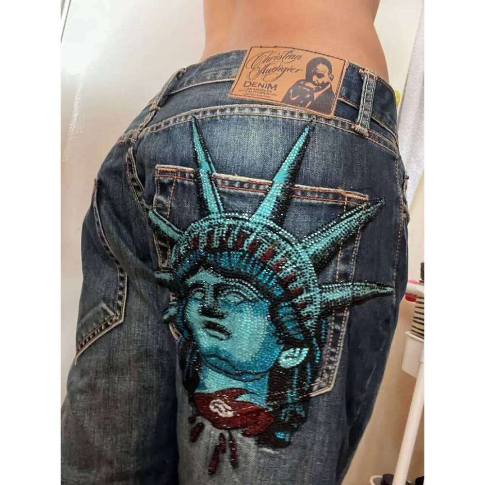 Y2K Statue De La Liberté Diamants Pantalon Denim Décontracté Taille Haute Droite Jambe Large Jeans Harajuku Vintage Femmes Vêtements De Luxe