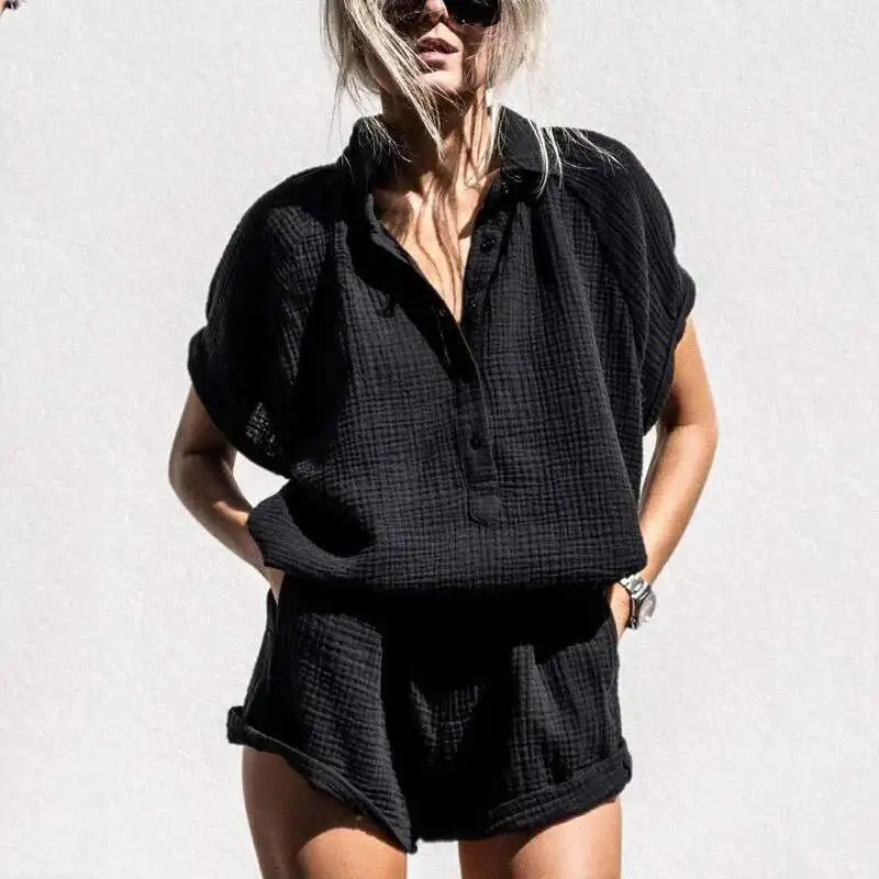 Short de sport noir à manches courtes, ensemble deux pièces de couleur Pure pour femmes avec col en v boutonné décontracté 251204