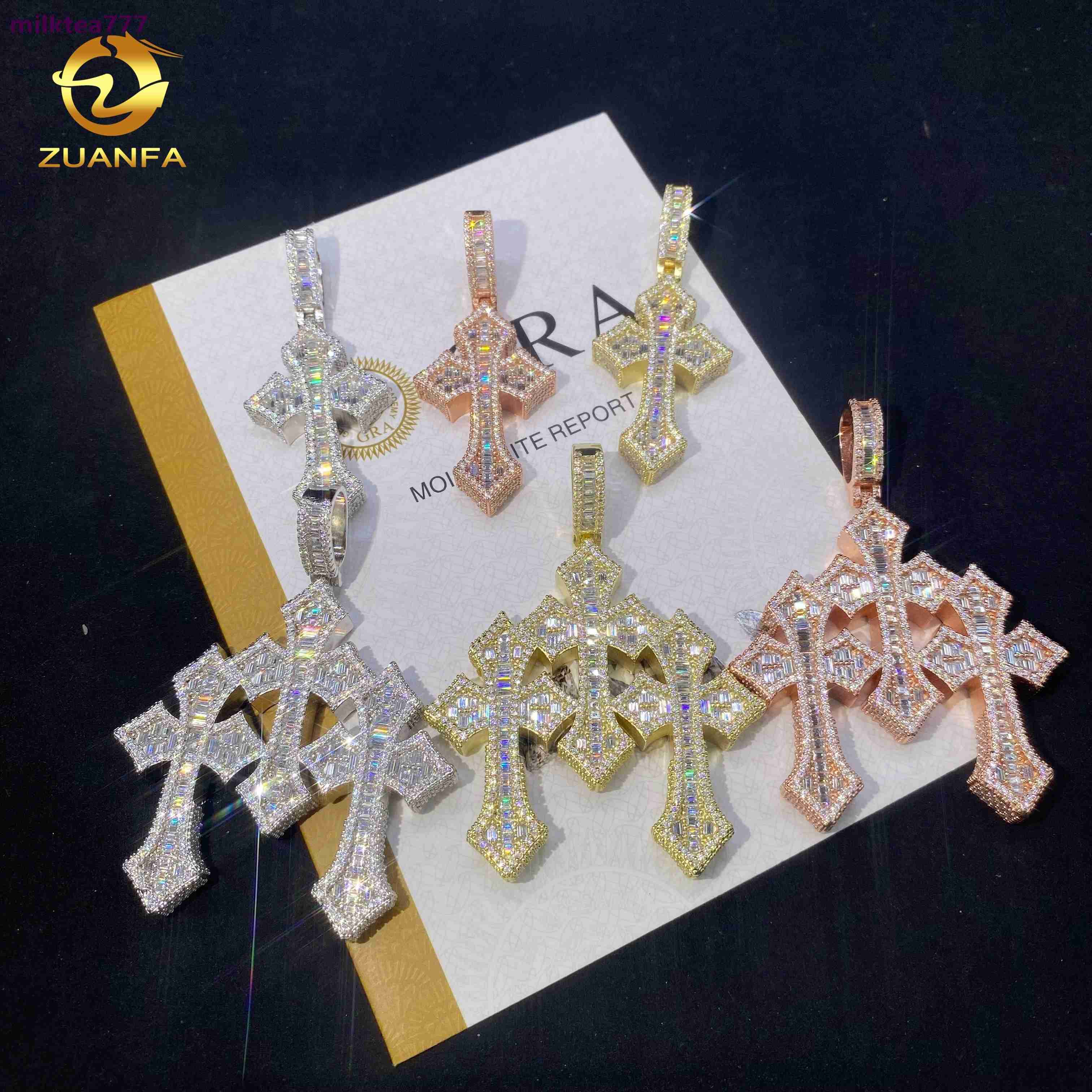 Glacé de haute qualité 3 croix Baguette coupe pendentifs charme Fine Hip Hop diamant bijoux 925 argent VVS Moissanite bijoux pendentif