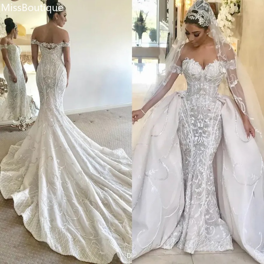 Gorgeous Mermaid wedding dresses bridal gowns With Detachable Train Off Shoulder Lace Vestidos Backless Dubai Plus Size 1205