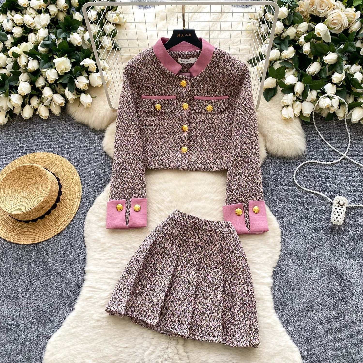 Ensemble de Style parfumé pour femme, veste en Tweed à manches longues, taille haute, jupe courte plissée, automne, 251203