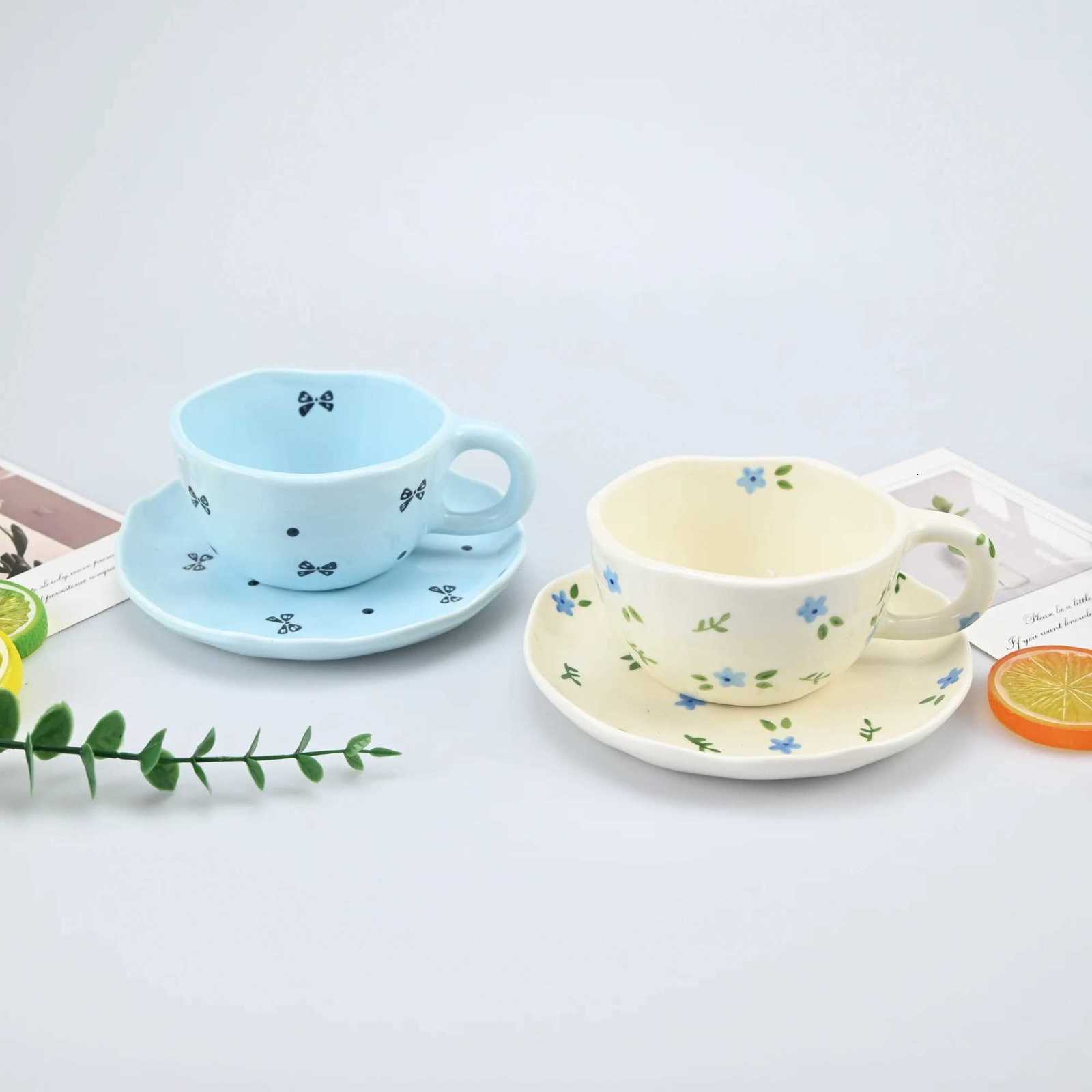 2PCS/Set High-end Coffee Cups And Saucers High-value Ceramic Mugs Business-style Latte Art Coffee Cups Hand-pinched Cups M251206-image-1087462941