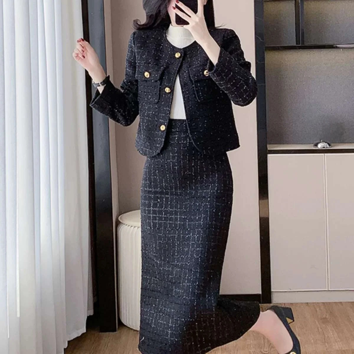 Arrivée française deux pièces ensemble automne hiver veste en Tweed grossier jupe Midi femmes polyvalent à manches longues bouton De 251203