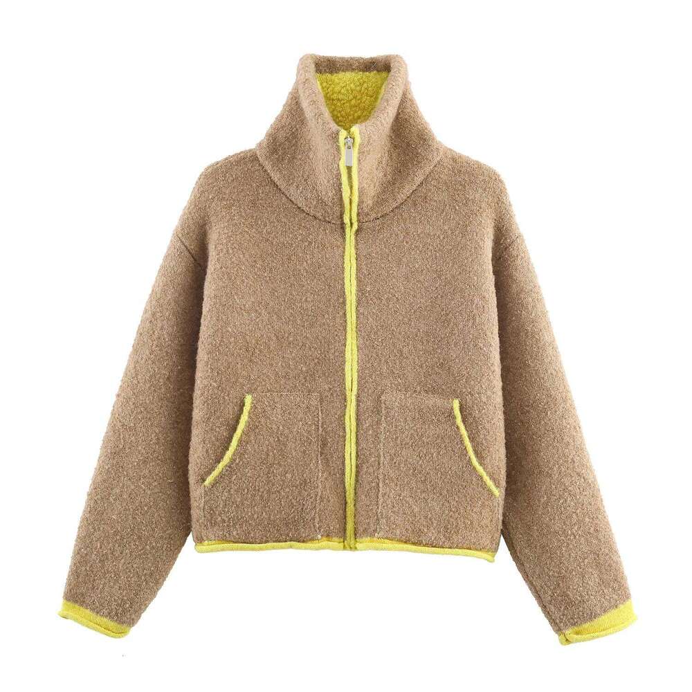 Fashion 2026 Winter New Product Women's Lazy Style Loose Contrasting Color Decorative Layer Knitted Pilot Jacket Coat