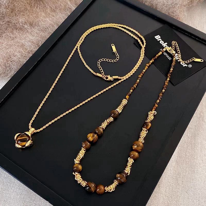 Collier en pierre d'oeil de tigre naturel, Style Melad, longue chaîne de pull pour femmes, automne hiver, léger, luxe, haut de gamme, Double couc