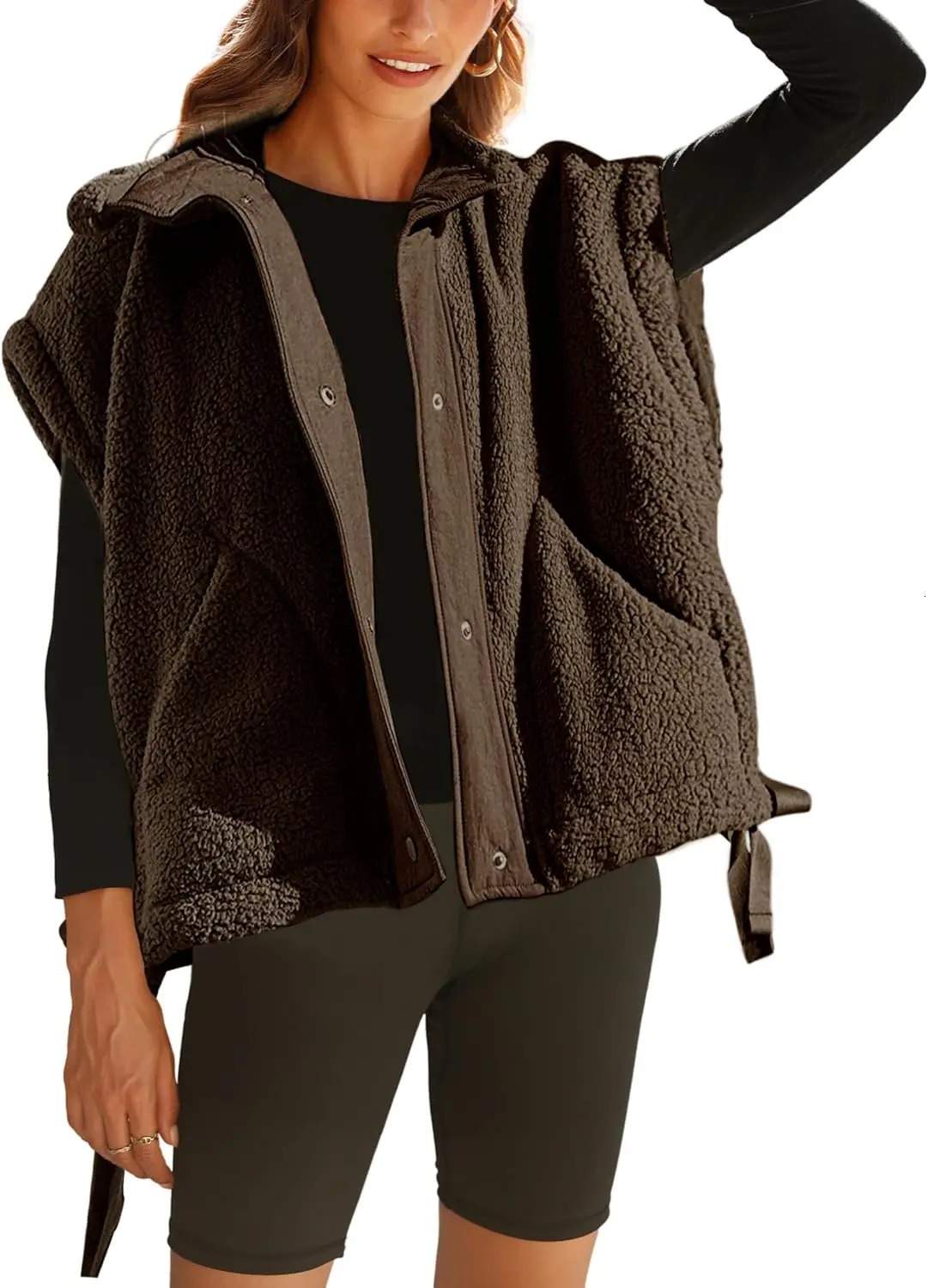 Womens Fuzzy Fleece Vest Oversized Sleeveless Sherpa Jacket Warm Button Down Gilet Outerwear with Pockets 251129