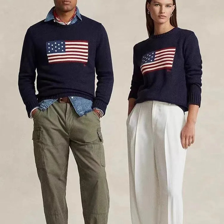 Embroidered US Flag Sweater Autumn Winter Round Neck Knitted Oversized Sweaters Men Women Streetwear Casual Long Sleeve Top 251205