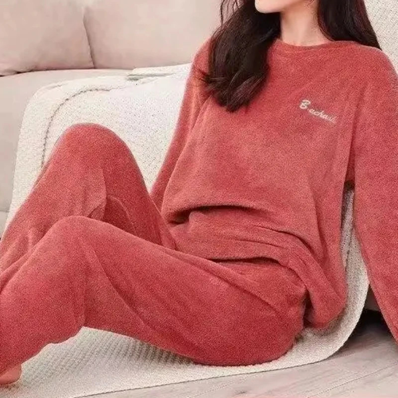 Femmes velours pyjama ensemble polaire chaud haut ample et taille élastique pantalon maison décontracté costume en laine 2024 automne hiver 25120