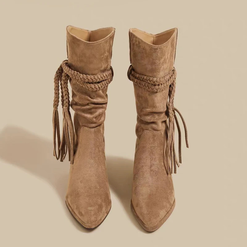 Fringe Women High Heels Boots Pointed Toe Heeled Shoes Winter Chunky Chelsea Boots Suede Shoes Mujer Botas 251204