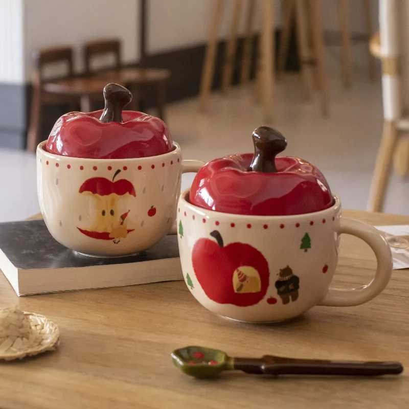 Vintage Mug With Lid And Spoon Apple Shape CeramicWater Girls Christmas Gift Coffee Couple Milk Breakfast M251206-image-1087463795